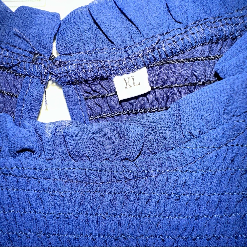 Smocked Tiered Long Sleeve Sheer Overlay Midi Dress XL Modest Cottagecore Blue - Picture 3 of 5